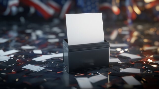 United States Election Concept - White Ballot Card in Box with Termination Papers on Dark Background