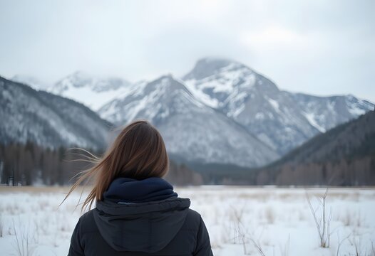 A young woman admiring the snowy views of Island Lake in Fernie, British Columbia, Canada. The majestic winter background is an absolutely beautiful place to go snowshoeing with fresh fallen snow.
