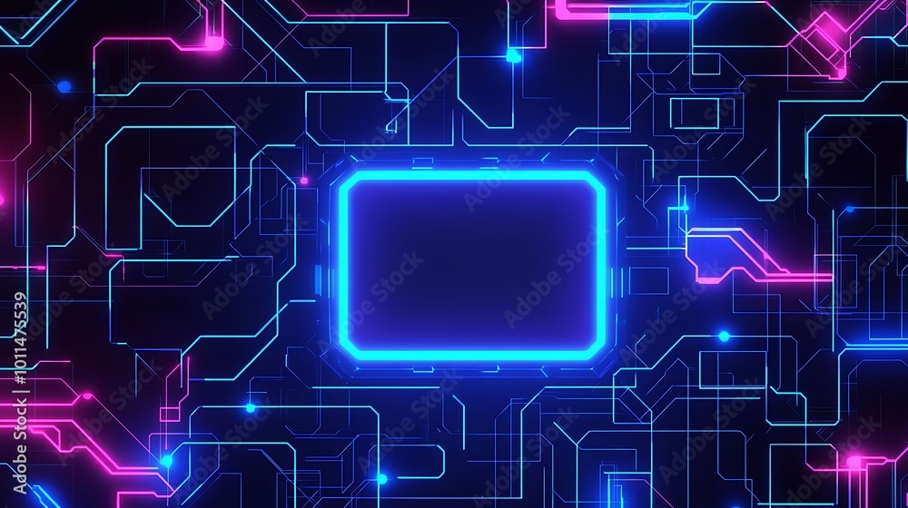 Poster Abstract glowing neon circuit board background with a blank space in the center.