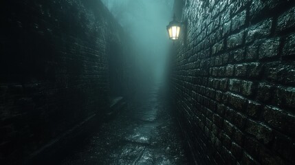 A spooky alleyway with narrow brick walls, lit by a single dim streetlamp, with fog creeping through and casting eerie shadows on the ground 