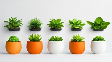 Fototapeta premium Indoor Plants in Orange and White Pots on White Background