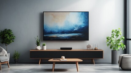 Modern living room with a TV, artwork, and plants, creating a cozy atmosphere.