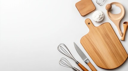 White Background with Wooden Cutting Board  Kitchen Utensils  and Copy Space