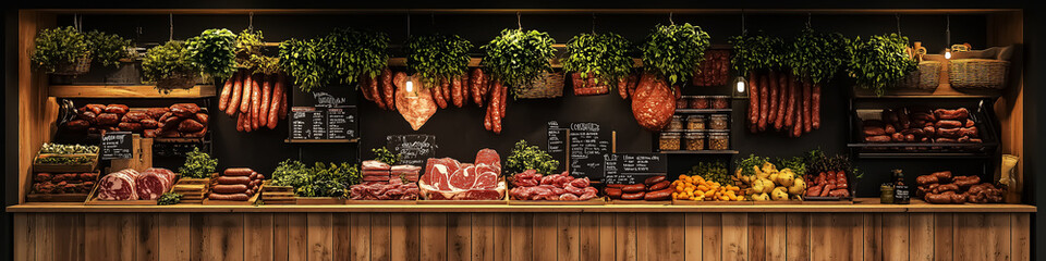 Gourmet butcher shop showcasing fresh meats and herbs for wall art, decoration, or culinary-inspired design, ideal for restaurants, kitchens, and food lovers.