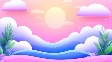 Surreal sunset horizon with clouds and lush foliage in pastel dreamscape
