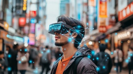 A young man wearing a VR headset stands in a bustling city street, surrounded by colorful lights and digital effects, suggesting an immersive technology experience.