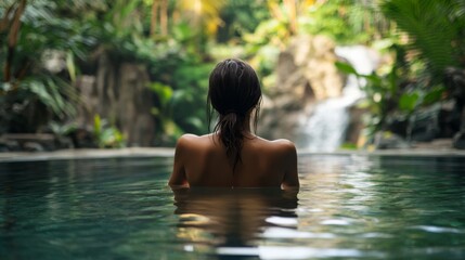 Fototapeta premium A tranquil scene featuring a person relaxing in a serene pool surrounded by lush greenery and a soft waterfall in the background.