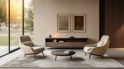 Fototapeta premium Modern minimalistic living room with expansive view of serene landscape at golden hour