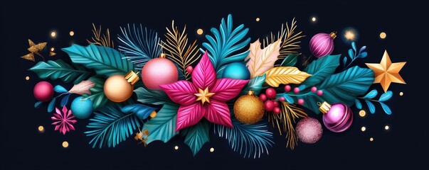 Vibrant christmas floral arrangement with festive ornaments on dark background