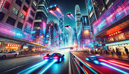 Low-Angle Cyberpunk City Street with Neon Lights and Flying Vehicles at Night. AI-generated