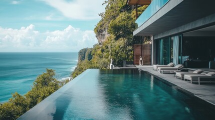 Fototapeta premium A stunning luxury villa with an infinity pool overlooking the ocean, surrounded by lush greenery and a clear blue sky.