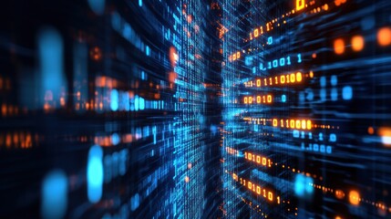 Fototapeta premium Abstract digital landscape with flowing binary code, representing data and technology.