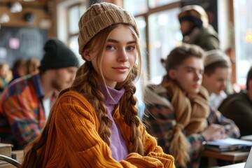 Fototapeta premium A young woman with braided hair wearing a cozy sweater and beanie, sitting in a warm, casual cafe setting during winter, exuding a relaxed and inviting atmosphere.