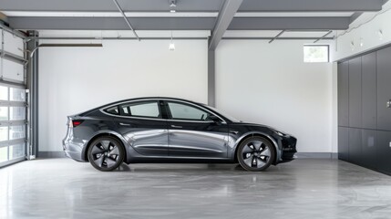 Modern car parked in spacious garage, ready for trade-in, showcasing clean and well-maintained interior.