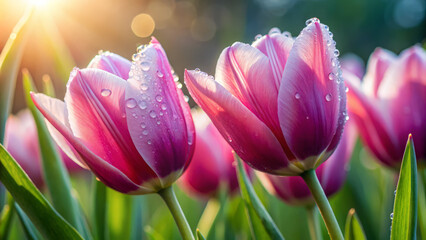 Fototapeta premium Dewy tulip petals sway gently in morning breeze, exuding freshness and beauty. soft sunlight enhances vibrant colors, creating serene atmosphere