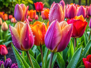 Vibrant tulip clusters bloom beautifully in colorful garden bed, showcasing stunning array of colors and droplets of water glistening on their petals