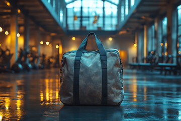 Obraz premium A sports bag rests on a bench in a well-decorated gym locker room. Modern design and clean atmosphere highlight fitness and active lifestyle themes. 