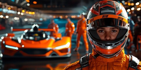 A Formula 1 racer in racing gear stands in front of his car at the pit stop of the race track