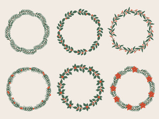 Christmas wreath set with winter floral elements. Vector illustration in flat style on white background.