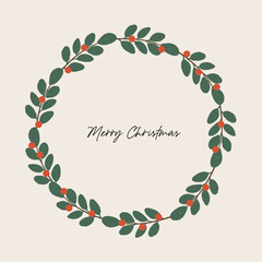 Christmas ornament wreath frame vector illustration with red berries, green leaves. Round frame for winter design such as Christmas card, poster, invitation, banner.
