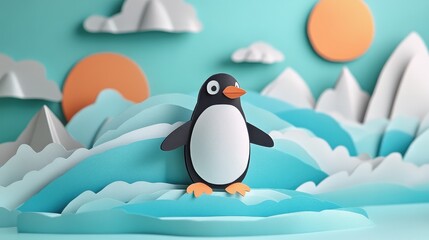 Fototapeta premium A 3D Penguin Standing on a Paper-Cutout Landscape Generative Ai