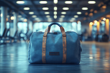 Obraz premium A sports bag rests on a bench in a well-decorated gym locker room. Modern design and clean atmosphere highlight fitness and active lifestyle themes. 