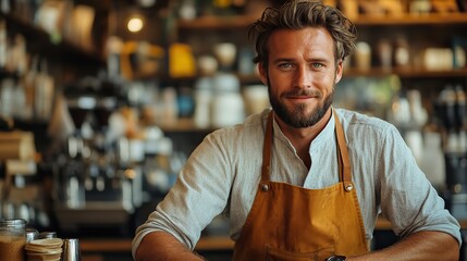 handsome male barista working in coffee shop sitting on counter bartender in apron preparing coffee drink