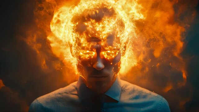 A man in a business suit with his head exploding into flames, symbolizing stress or burnout, set against a smoky background