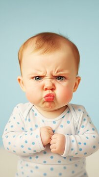 Photo of a slightly angry baby with a funny facial expression but still little smile pastel colors funny photo
