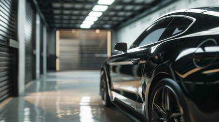 Fototapeta premium Modern car parked in spacious garage, ready for trade-in, showcasing clean and well-maintained interior.