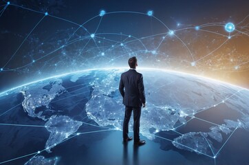 Businessman on digital globe representing global connectivity