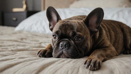 Fototapeta premium Brindle french bulldog lying on bed in the bedroom