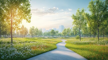 Fototapeta premium illustration of urban green spaces with trees ,pathways highlighting the integration of nature in city planning