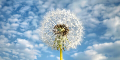 Naklejka premium Dandelion closeup blowing in the wind in nature against a blue sky plant with cloudy background