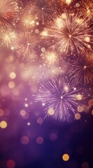 A vibrant display of fireworks lighting up a deep purple and gold sky, with shimmering sparkles scattered across the scene. Ideal for Diwali-themed event posters or celebratory announcements