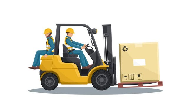 Animation, transporting people on the forklift is prohibited. Dangers of driving a forklift. Forklift driving safety. Work accident in a warehouse. Security First. Accident prevention at work