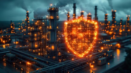 industrial facility with digital shield overlay symbolizing critical infrastructure protection against cyber threats