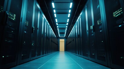 Fototapeta premium Data center corridor with server racks and glowing lights.