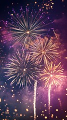 Fototapeta premium A vibrant display of fireworks lighting up a deep purple and gold sky, with shimmering sparkles scattered across the scene. Ideal for Diwali-themed event posters or celebratory announcements