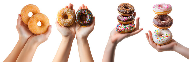 Collection set of hand holding pile stack colourful round donut doughnut on transparent background cutout, PNG file. Mockup template for artwork graphic design