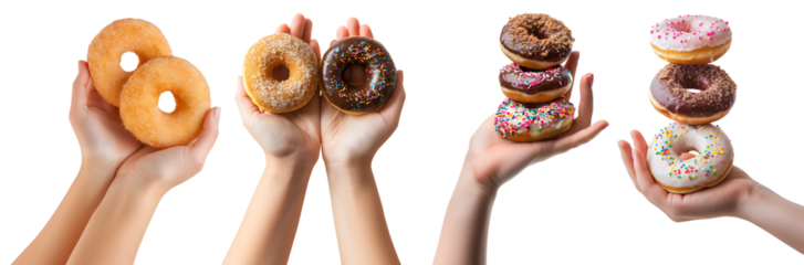 Collection set of hand holding pile stack colourful round donut doughnut on transparent background cutout, PNG file. Mockup template for artwork graphic design