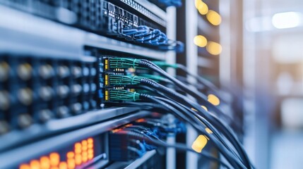 Network cables connected to data servers in a modern data center.