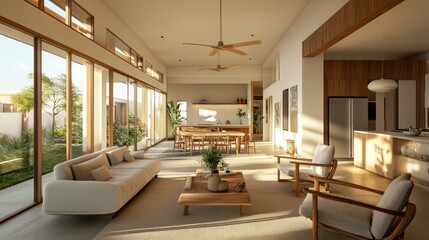 Modern living room with open space, natural light, and minimalist design.