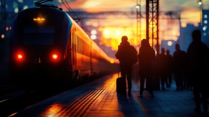 Silhouetted passengers waiting for a train at sunset on a busy platform.