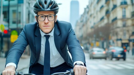 The businessman is cycling to work in a suit and helmet on a morning city road