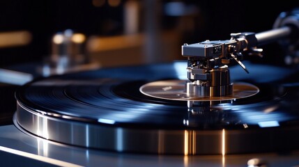 Artistic shot of high-end vinyl turntables with sleek metallic arms, vinyl record spinning, and focus on the sound quality of analog audio.