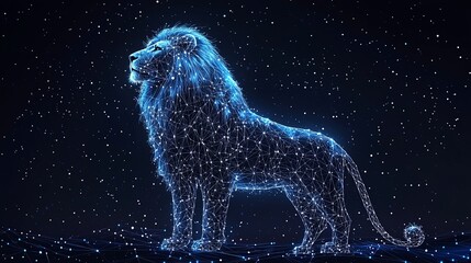 A striking blue lion seamlessly formed by digital networks, standing majestically against a dark celestial sky, combining wildlife essence and futuristic imagery.