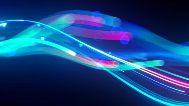 looping 3d animation. Abstract pink blue neon background with unfocussed glowing wavy lines and bokeh lights. Equalizer sound wave chart