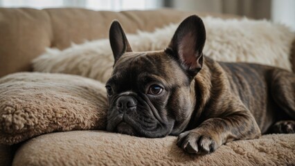 Brindle french bulldog lying on sofa in living