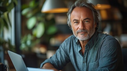 Fototapeta premium mature businessman working on laptop at desk indoors in office looking at camera